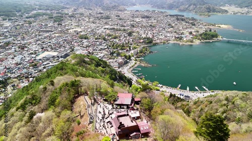 Kawaguchiko ropeway panorama Mount Fuji lake reflection townscape