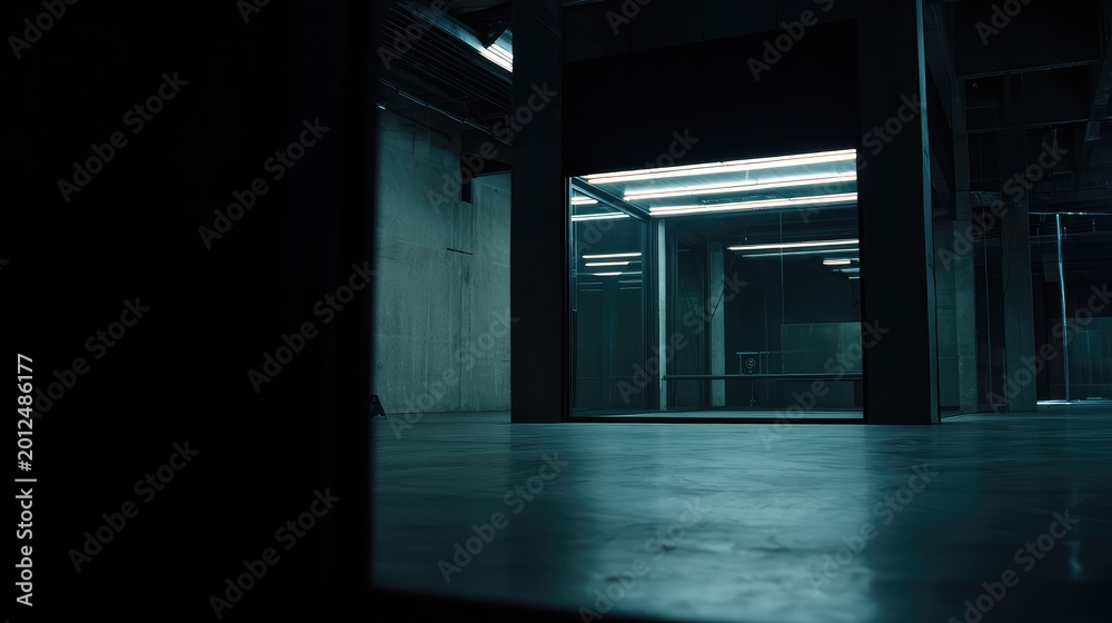 Fototapeta premium Empty industrial space features a minimalist concrete architecture, creating a sense of mystery and solitude with the contrasting bright neon lights against the dark environment