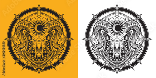 Obraz na płótnie Dark Ram Skull with Horns and Solar Eclipse Sacred Geometry Shield