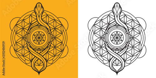 Bild auf Leinwand Geometric Snake with Star of David and Sacred Flower of Life Pattern