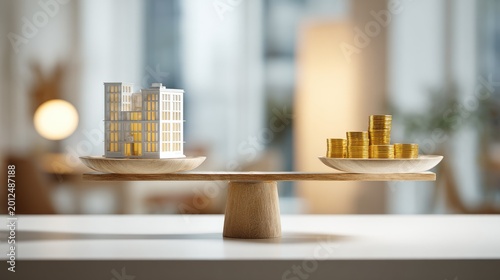 Miniature building and stacked coins balance on wooden scales