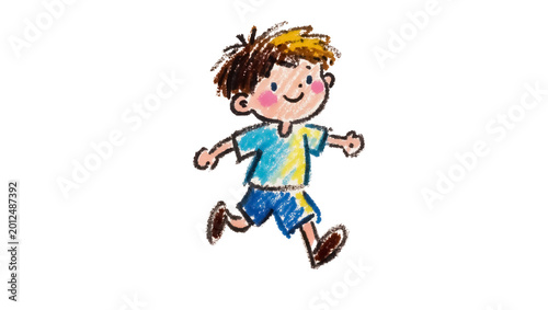 Young boy with brown hair in blue shorts and yellow-blue shirt running, isolated on transparent background