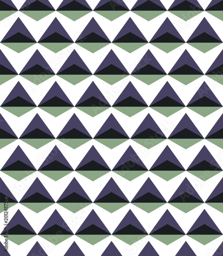 Abstract seamless triangle pattern with optical drift illusion. Retro geometric composition in purple, green and black colors. Modern vector background for textile, wallpaper and packaging design.