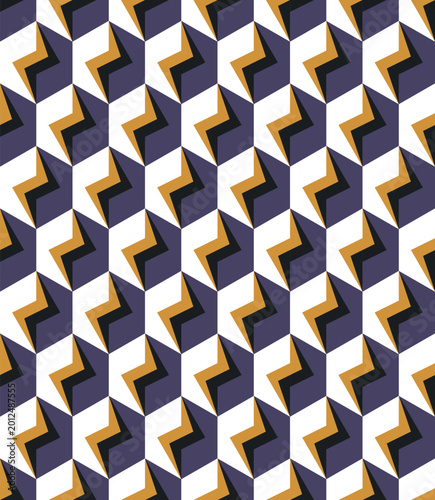 Abstract seamless geometric pattern with optical illusion effect. Retro angular shapes in purple, black and orange colors. Modern vector background for wallpaper, textile and surface design.