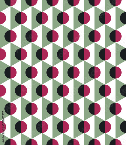 Abstract seamless geometric pattern with optical illusion effect. Retro circle and triangle composition in green, pink and black colors. Modern vector background for textile, wallpaper and packaging d