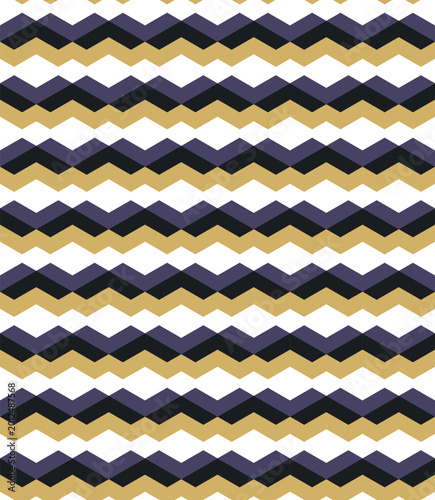 Seamless zigzag geometric pattern with optical drift illusion. Retro chevron shapes in purple, black and gold colors. Abstract vector background for textile, wallpaper and packaging design.