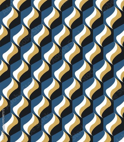Abstract geometric seamless pattern with optical drift illusion. Retro wavy shapes in blue, black and beige colors. Modern vector background for fabric, wallpaper, textile and packaging design.
