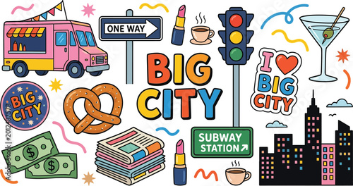 Vibrant New York Style City Life Stickers and Icons