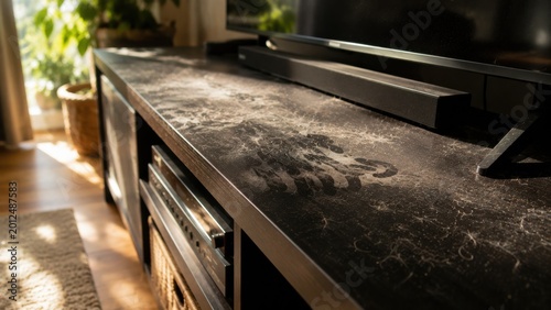 Dusty TV Stand With Fingerprints and Pet Hair in Sunlight