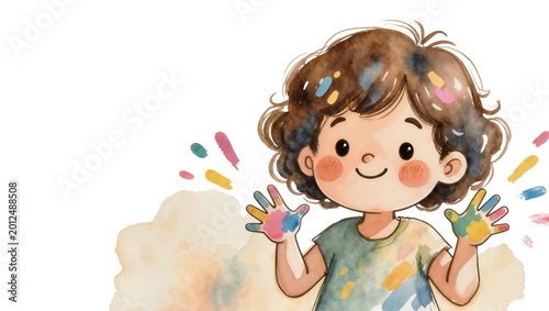 Joyful child with colorful paint splatters on hands and hair, isolated on transparent background