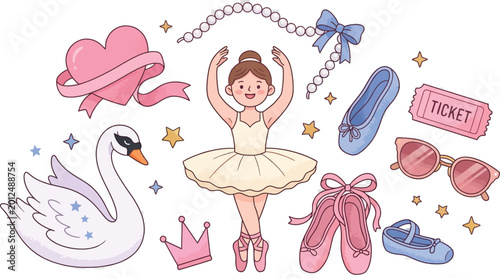 Collection of Pastel Ballet Icons and Girly Fashion Elements