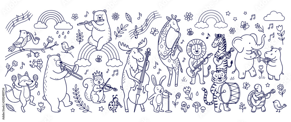 Obraz premium Cute forest animals playing musical instruments in hand drawn style set.