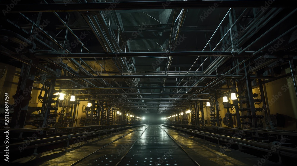 Fototapeta premium Long industrial hallway with complex pipe systems, glowing lights, and reflective floors, creating a moody and atmospheric scene with a sense of depth and mystery