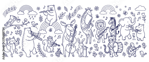 Cute forest animals playing musical instruments in hand drawn style set.