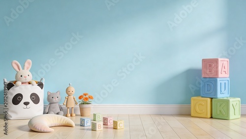 Minimalist pastel nursery room interior, soft baby-blue wall background with large empty copy space, light wooden floor, cute Scandinavian-style