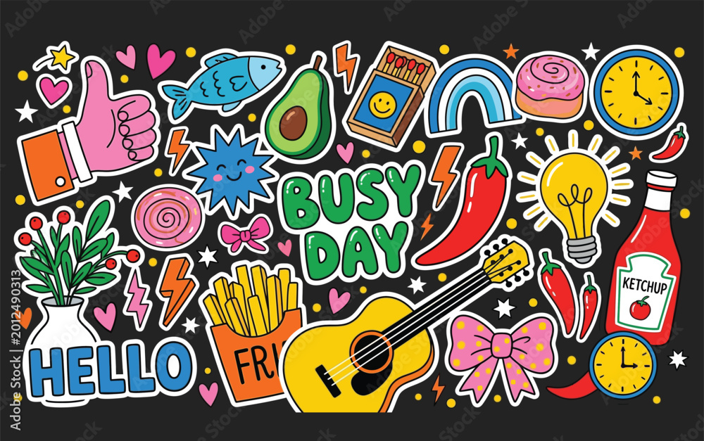 Fototapeta premium Colorful Vector Patches with Hand-Drawn Cartoon Elements