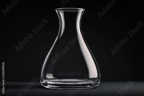 Modern, minimalist glass wine carafe standing on a dark background, reflecting light and offering elegance for serving
