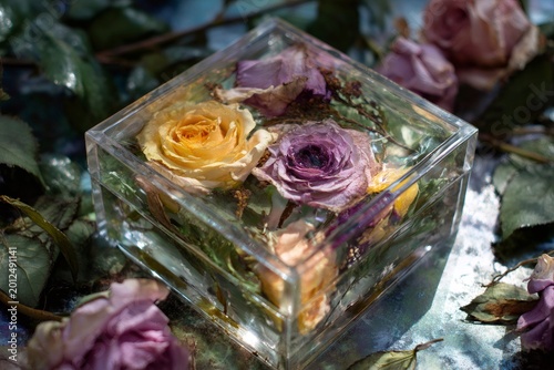 Transparent resin box encasing preserved dried yellow and purple roses, creating a lasting botanical art piece on a textured background