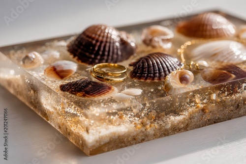 Golden wedding rings and various seashells embedded in a clear resin block with natural sand, creating a lasting memory