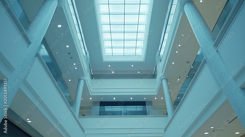 Fototapeta premium Modern building atrium features multiple levels, large skylight, high ceilings, columns and glass railings, reflecting contemporary design and a spacious environment