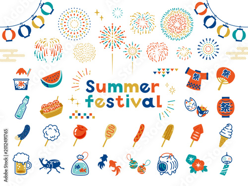 ポップでかわいい夏祭りのイラストセット