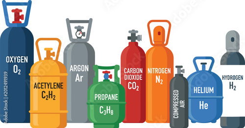 Принти на полотні Large collection of industrial gas cylinder vector illustrations including oxygen acetylene argon propane carbon dioxide nitrogen compressed air helium and hydrogen isolated on white