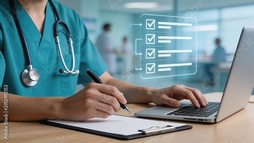 Doctor using laptop with holographic checklist in modern hospital medical professional writing notes healthcare technology digital records telemedicine clinical workflow medical