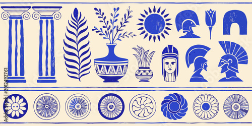 Quadro su tela ancient greek ornament collection blue and white vector illustration