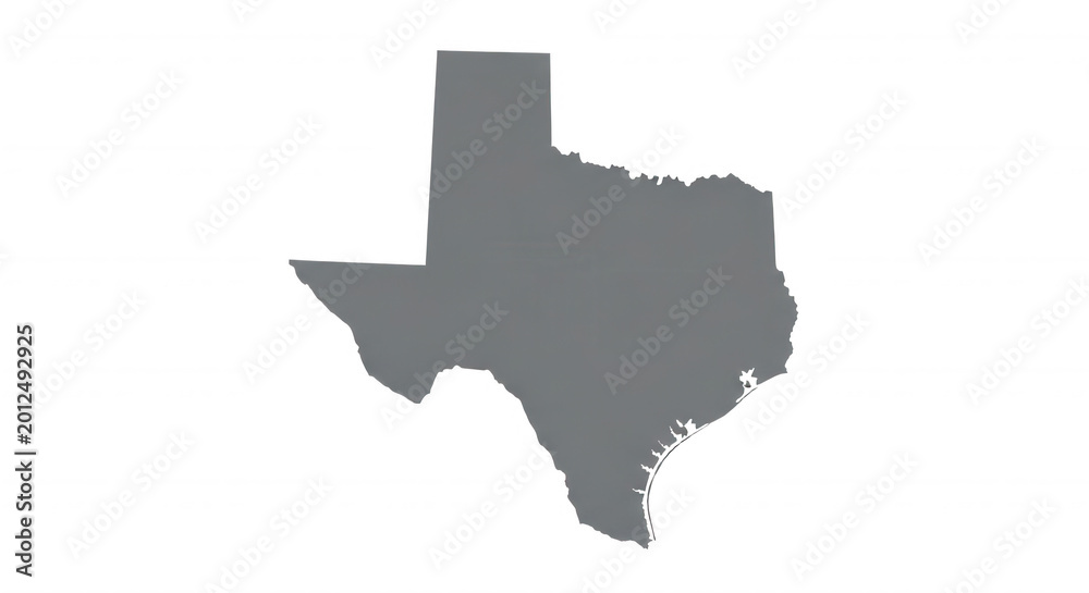 Fototapeta premium A flat grey silhouette map of the state of Texas isolated on a solid black background with a thin white outline around the coastal border