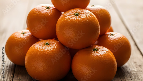 Fresh ripe mandarin oranges stacked on a rustic wooden table