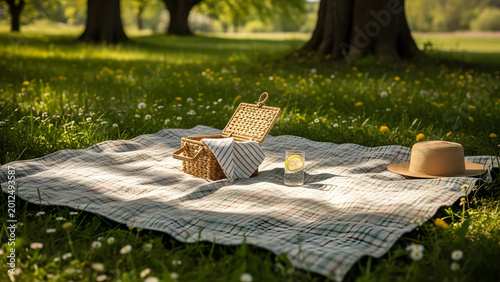 Wicker picnic basket and hat on blanket in sunny park