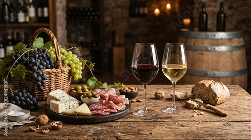 An appetizing arrangement of wine and artisan food on a rustic wooden table in a dimly lit cellar