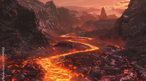 Molten lava flows through a rugged mountain valley at sunset.