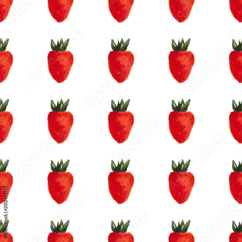 seamless pattern of watercolor strawberries, hand painted on white background