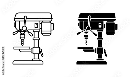 Drill Press Vector Icons, Industrial Machine Tools, Workshop Equipment, Metalworking Machinery, Precision Drilling Devices, Black and White Graphics