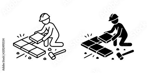 Construction Worker Laying Tiles, Home Renovation Icon Set, DIY Project Symbol, Building Industry Graphic