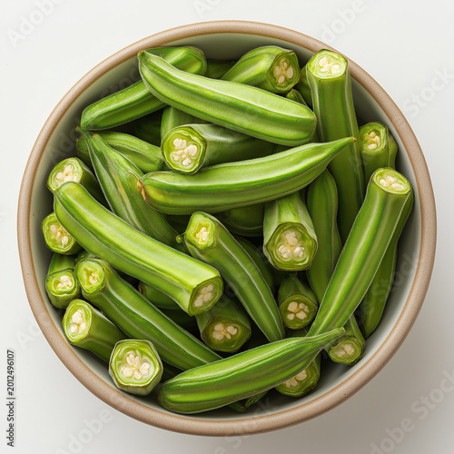 Fresh, vibrant okra slices and whole pods neatly arranged in a rustic bowl, captured from a top-down perspective on a clean white background, showcasing healthy produce