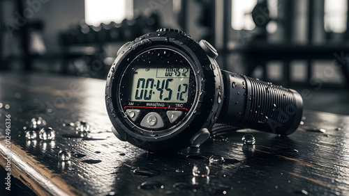 Black digital sports watch on a wet wooden table