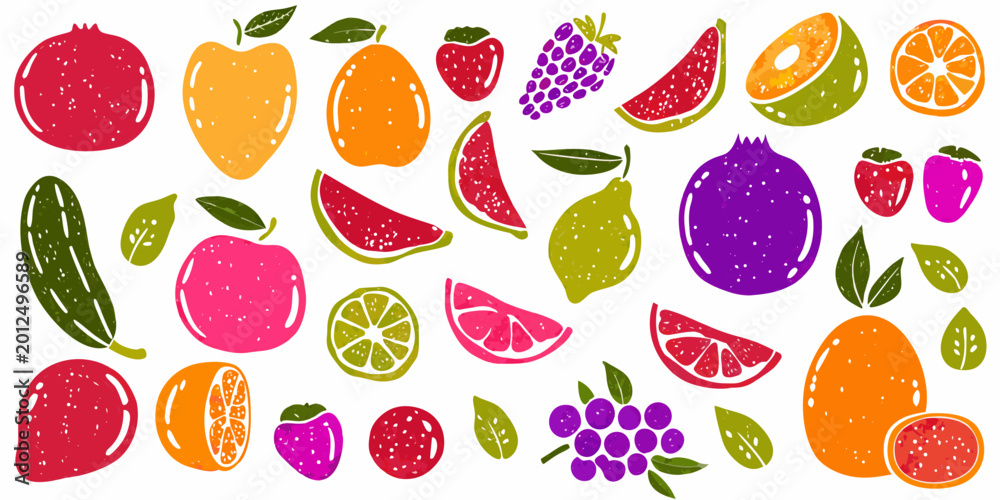 Obraz premium Colorful fruit illustrations with leaves on a white background