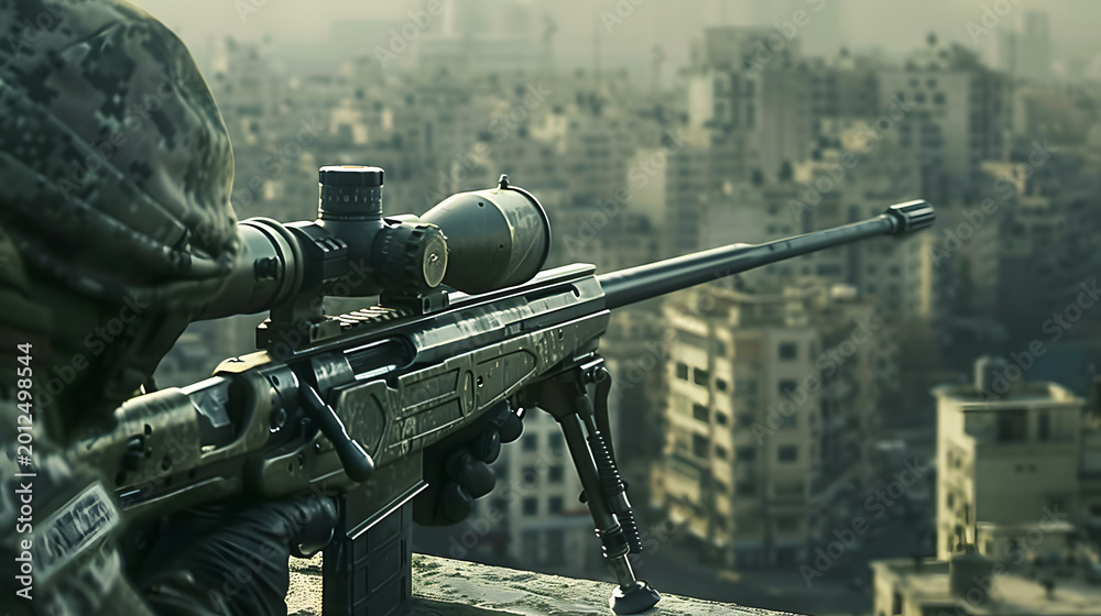 Naklejka premium Sniper rifle with scope on a rooftop overlooking a cityscape.