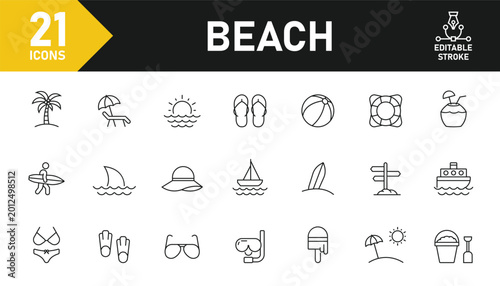 Beach line icon set. Set of 21 outline icons related to beach, sea, summer, holiday, sunset, coconut, surfing, sunbathing and others. Editable stroke. Vector illustration.