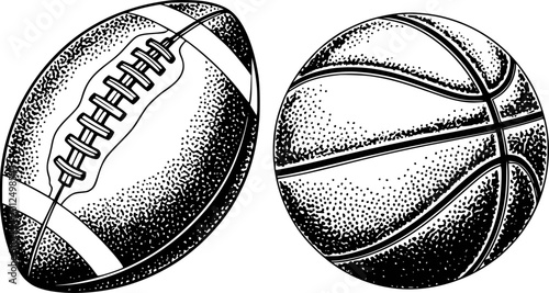 Black and white of american football and basketball white background, sport game