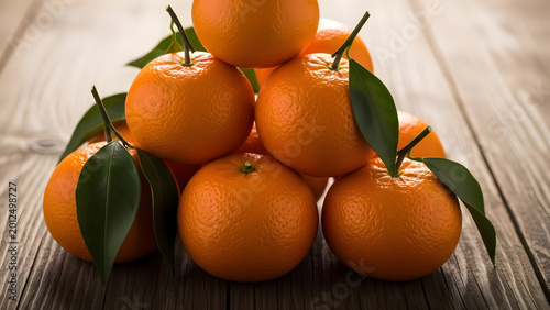 Fresh ripe oranges with green leaves on a wooden table