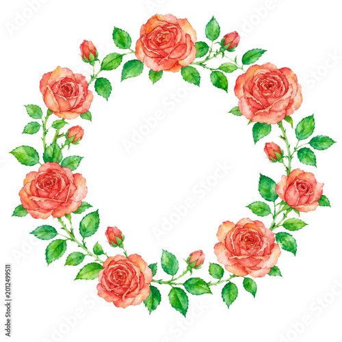 Watercolor Pink Rose Floral Wreath Round Frame Isolated on White Background