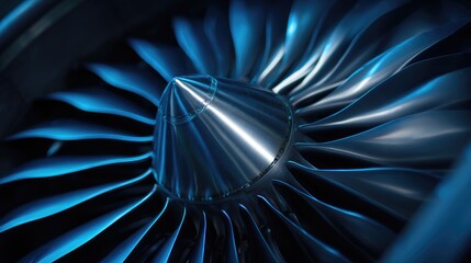 Gleaming turbine blades bathed in cool blue light