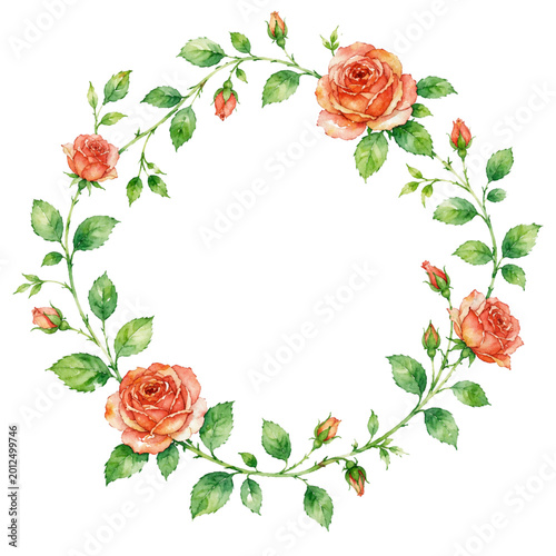 Watercolor Pink Rose Floral Wreath Round Frame Isolated on White Background