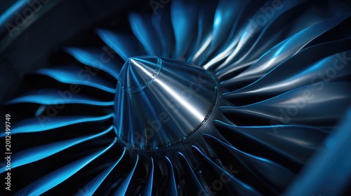 Gleaming turbine blades bathed in cool blue light
