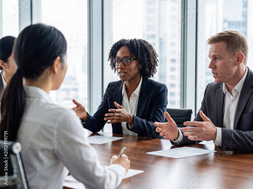 Tableau sur toile Diverse business professionals engaged in an important discussion during a corporate meeting in a modern office