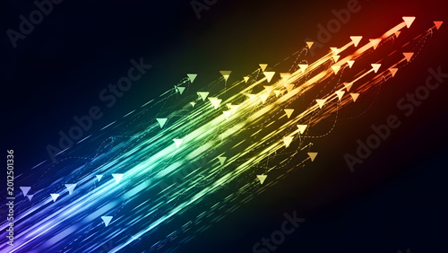 Abstract rainbow arrows moving forward on black background
