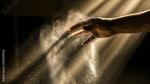 Human hand gently touching a green leaf with water drops